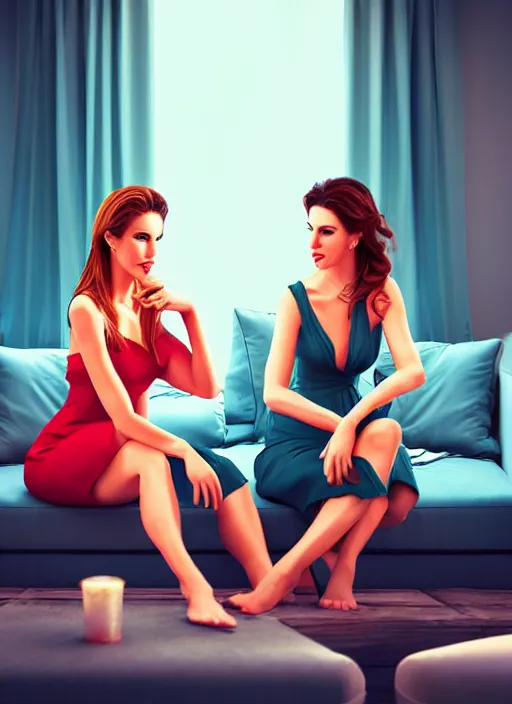 Image similar to two beautiful housewives in the living room on a hot summer evening getting bored and finding ways to entertain themselves, gorgeous faces, thick lines, cinematic lighting, detailed photorealistic digital art