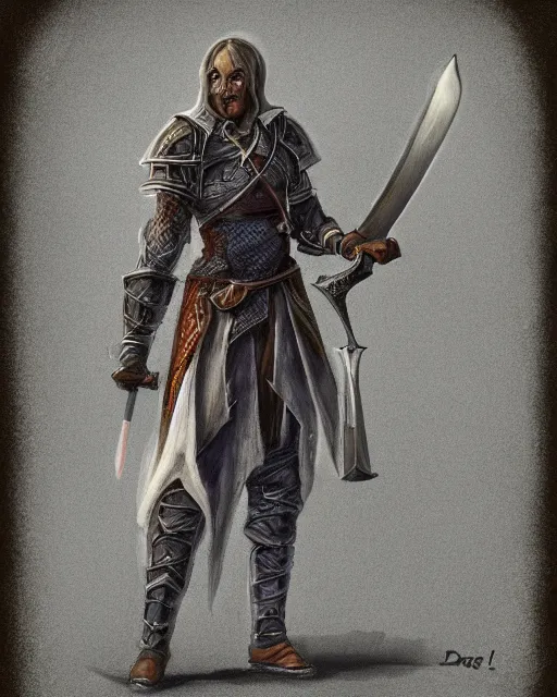 Image similar to a concept art of a D&D character, holding a small sword made by Donutello, white background