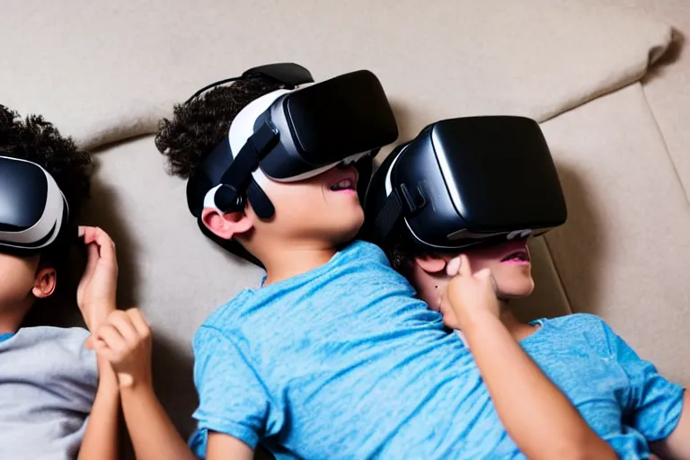 Image similar to An aerial stock photo of two boys laying in bed, with a bunch of stuff, wearing a VR-headset, featured on flickr, cluttered