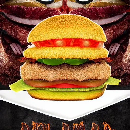 Prompt: scary demon monster chicken breaded in panko on a burger with a large mouth, sharp teeth, long tongue crispy bacon, cheddar, caramelized onion and tartar sauce, digital art, highly detailed, drawn, 8 k hd