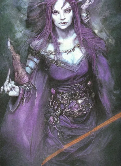 Image similar to portrait of young female sorceress of doom, beautiful! coherent! dungeons and dragons character, by brian froud, strong line, night color, high contrast