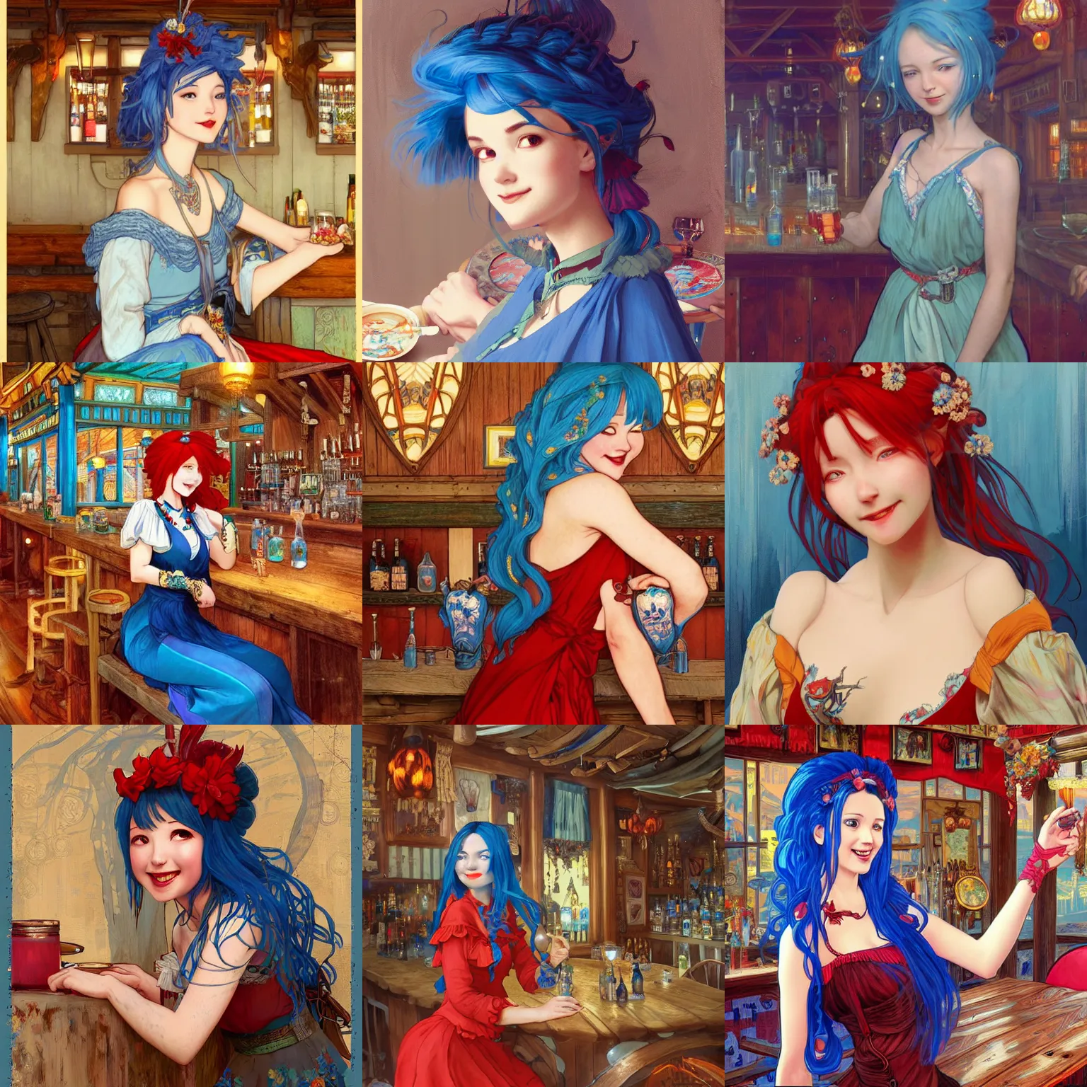 Prompt: a smiling blue haired barmaid wearing a red dress in a rustic saloon, beautiful, fantasy, intricate and very beautiful and elegant, highly detailed, digital painting, artstation, concept art, smooth and sharp focus, illustration, art by tan zi and ayanamikodon and alphonse mucha and wlop