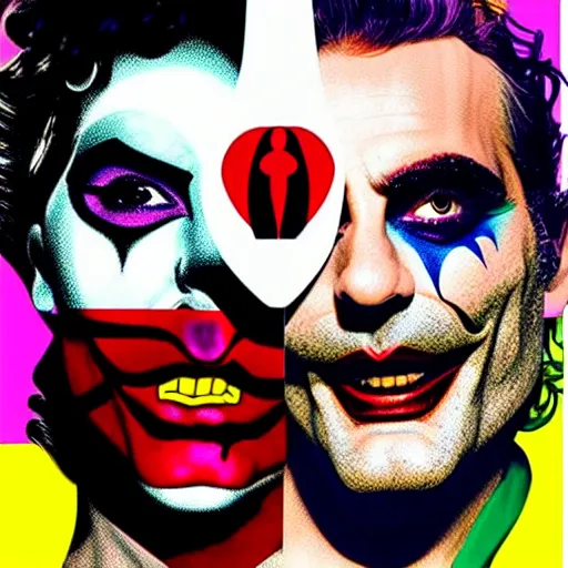 Image similar to richard hamilton and mimmo rottela as lady gaga harley queen and joaquin phoenix joker couple, pop art, 2 color, center, object details, dynamic composition, 4 k, ultra realistic art, smooth, sharp focus, illustration, concept art, intricate details, h 7 6 8