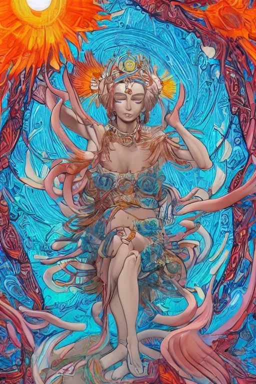 Image similar to beautiful goddess of the sun in the style of James Jean, trending on artstation, artstationHD, artstationHQ, unreal engine, 4k, 8k