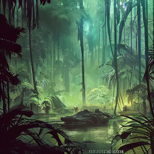 Image similar to inside dmt jungle by greg rutkowski