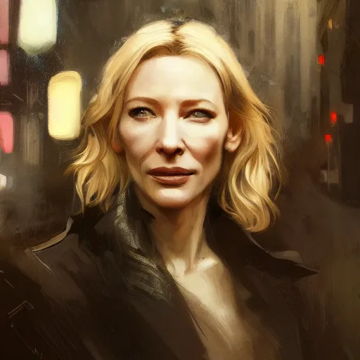 Image similar to cate blanchett, hyperrealistic portrait, bladerunner street, art of elysium by jeremy mann and alphonse mucha, fantasy art, photo realistic, dynamic lighting, artstation, poster, volumetric lighting, very detailed face, 4 k, award winning