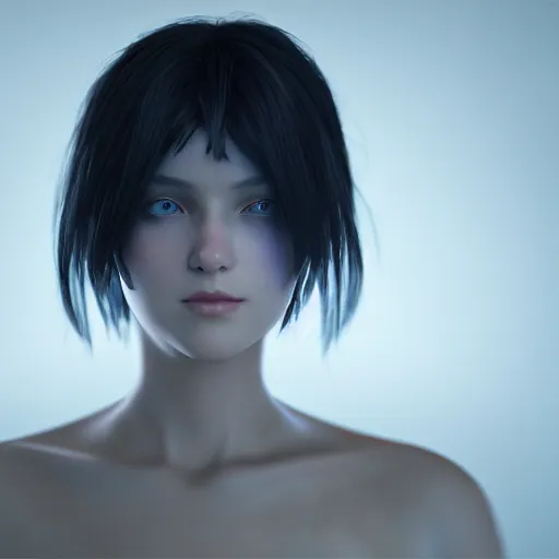 Image similar to « portrait, attractive, blue eyes, black hair, middle length hair, ghost in the shell, front view, unreal engine 5 »