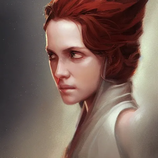 Image similar to portrait of a woman by greg rutkowski, jedi princess knight, curly redhead, jedi robes, star wars expanded universe, she is about 2 0 years old, elegant, graceful, wearing jedi robes, highly detailed portrait, digital painting, artstation, concept art, smooth, sharp foccus ilustration, artstation hq