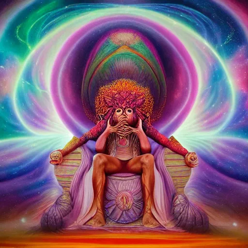 Image similar to olorun the cosmic god sitting on a throne of nebula clouds, by Adi granov and afarin sajedi and amanda sage and evgeni gordiets and Agostino Arrivabene in a psychedelic portrait style, ultrarealistic matte painting, volumetric lighting, fractal, extremely symmetrical, highly detailed face, orisha, 8k, hd