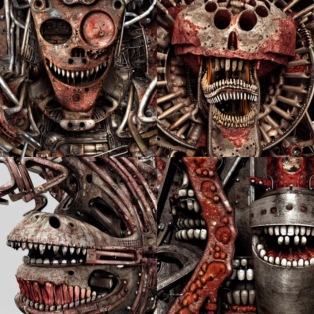Prompt: a close up of a machine made of teeth and raw meat and rusted metal, concept art by giger, cgsociety, assemblage, trypophobia, greeble, grotesque, biomechanical open chewing mouth