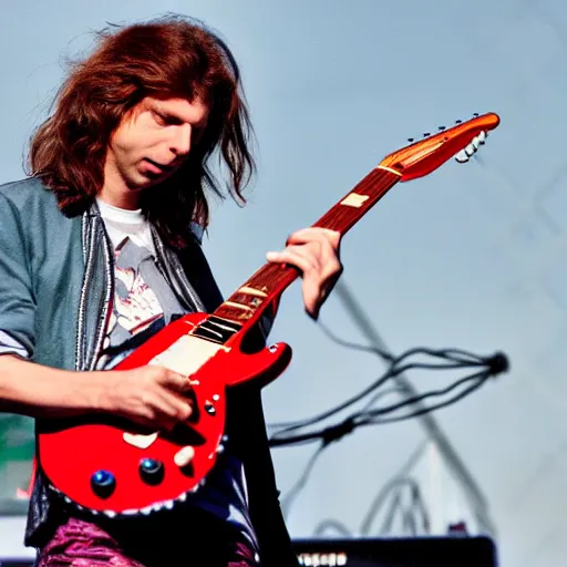 Prompt: michael cera playing guitar at an aerosmith concert, photo, detailed, 4 k