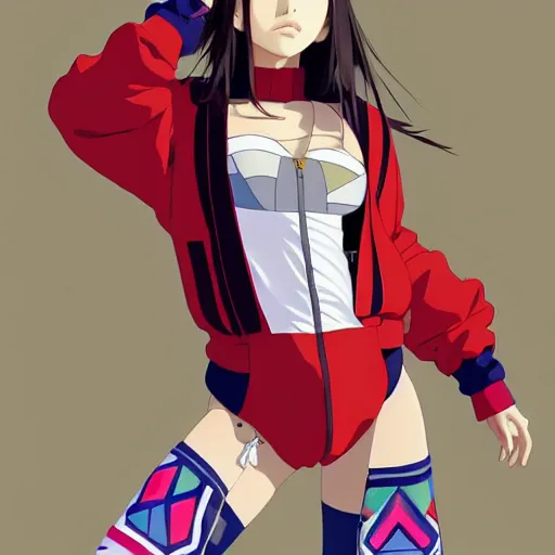 Image similar to a beautiful japanese natalie portman gravure model, wearing oversized native designer bomber jacket and leotard with overalls, bulky poofy bomber jacket with mesoamerican patterns, mesoamerican native street fashion, gapmoe yandere grimdark, trending on pixiv fanbox, painted by greg rutkowski makoto shinkai takashi takeuchi studio ghibli, akihiko yoshida