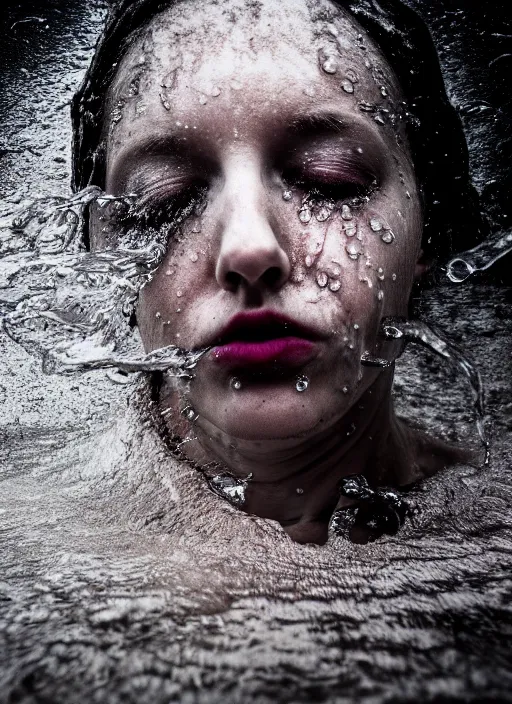 Image similar to conceptual photography portrait of a woman dissolving into water, panic, washing away, fading to nothing, inevitability, agony, surreal portrait, moody, helpless, hopeless, 4 k