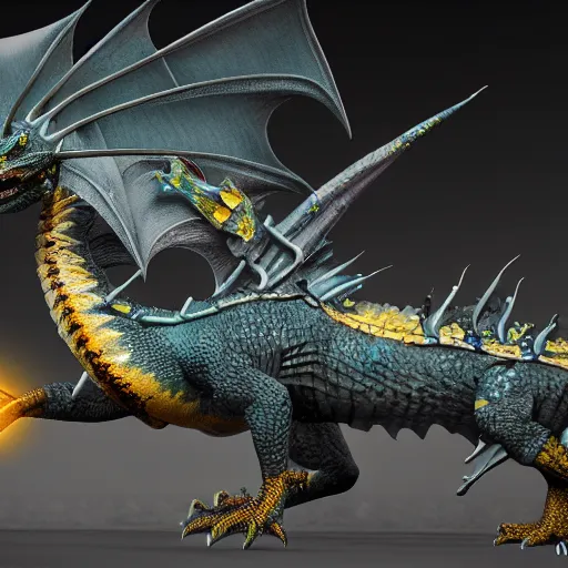 Image similar to an injured damaged dragon with patchy yellow scales and exposed bones and has a broken wing and leg, fantasy, intricately detailed, 8 k render, ultra high resolution, octane render, trending on artstation