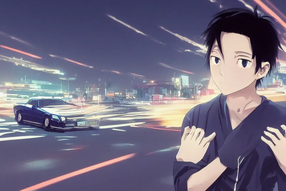 Image similar to aesthetic illustration of ryosuke takahashi with black hair wearing a dark blue shirt standing near his white mazda rx 7 on an empty highway at dusk, cinematic lighting, initial d anime 1 0 8 0 p, detailed anime face, high detail, 9 0 s anime aesthetic, volumetric lights, unreal engine 5 render, pinterest wallpaper, trending on artstation