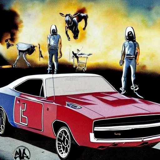 Image similar to b - movie poster, a heavily modified 1 9 7 0's dodge charger with a cow catcher and metal armor, a funky vixen with an afro, a gang of 1 9 7 0 s drug dealers, an explosion, 1 9 7 0's detroit building la