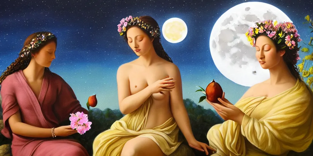 Prompt: very realistic beautiful painting of a goddess holding flowers and levitating a pear, sun on the left moon on the right as she is sitting on a rock at night time, realistic 8K HD