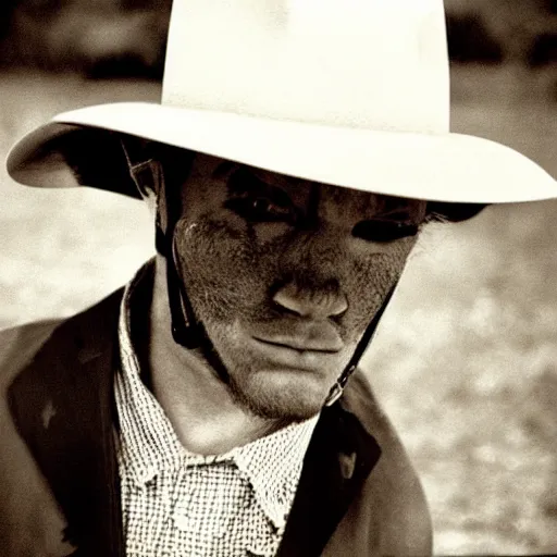 Prompt: Cat wearing a cowboy-hat by Anton Corbijn