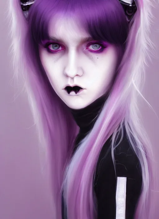 Image similar to portrait of white teenage girl, normal face, white bangs, mall goth, cyberlox, black and white hair, bangs, fluffy bangs, red contact lenses, purple lipstick, intricate, elegant, highly detailed, digital painting, artstation, concept art, sharp focus, smooth, illustration, art by wlop, mars ravelo and greg rutkowski