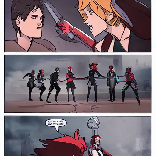 Image similar to Team RWBY fight scene, comic book art