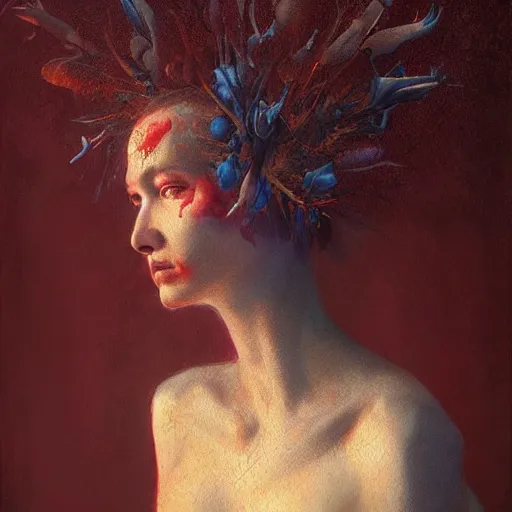 Prompt: a beautiful woman bathed in blue light and standing in a burgundy room looking vacant by arcimboldo, david lynch, greg rutkowski, trending on artstation