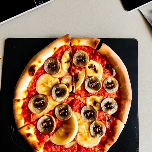 Image similar to a photo a pizza with a whole unpeeled banana on top of it, food photo, professional food photo, iphone, 4 k