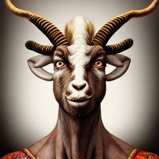 Image similar to studio portrait of the anthropomorphic goat man, a humble thief super fine surreal detailed face illustration by kim jung gi, iraq nadar, intricate lines, clear focus, vivid colors, matte, octopath voyager, skyrim, unreal engine highly rendered, radiant light, intricate, trending