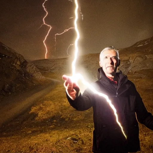 Prompt: Jonas Gahr Støre powering Norwegian village by shooting lightning out of his hands, glowing eye