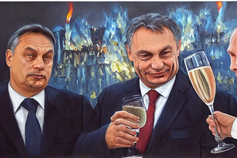 Image similar to viktor orban drinking champagne with putin in front a burning city, oil painting