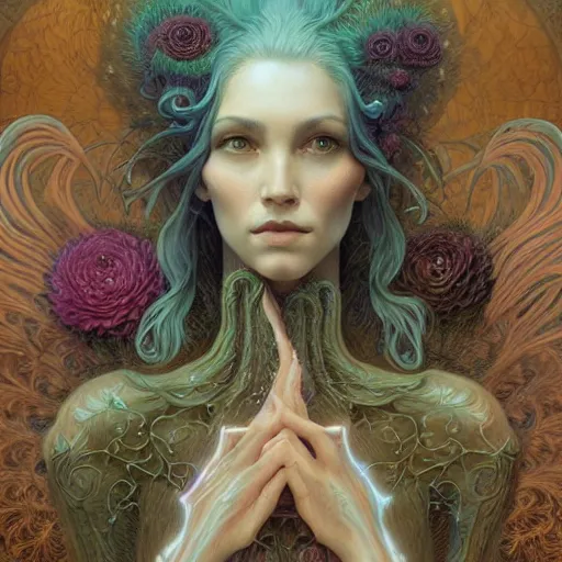 Image similar to a beautiful detailed front view portrait of a woman with ornate growing around, ornamentation, flowers, elegant, beautifully soft lit, by wayne barlowe, peter mohrbacher, kelly mckernan,