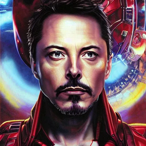 Prompt: realistic detailed image of Elon Musk as Tony Stark in Iron Man (2008) by Ayami Kojima, Amano, Karol Bak, Greg Hildebrandt, and Mark Brooks, Neo-Gothic, gothic, rich deep colors. Beksinski painting, part by Adrian Ghenie and Gerhard Richter. art by Takato Yamamoto. masterpiece