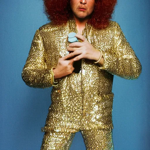 Image similar to uhd candid photo of disco stu wearing disco suit, intricate disco costume. photo by annie leibowitz