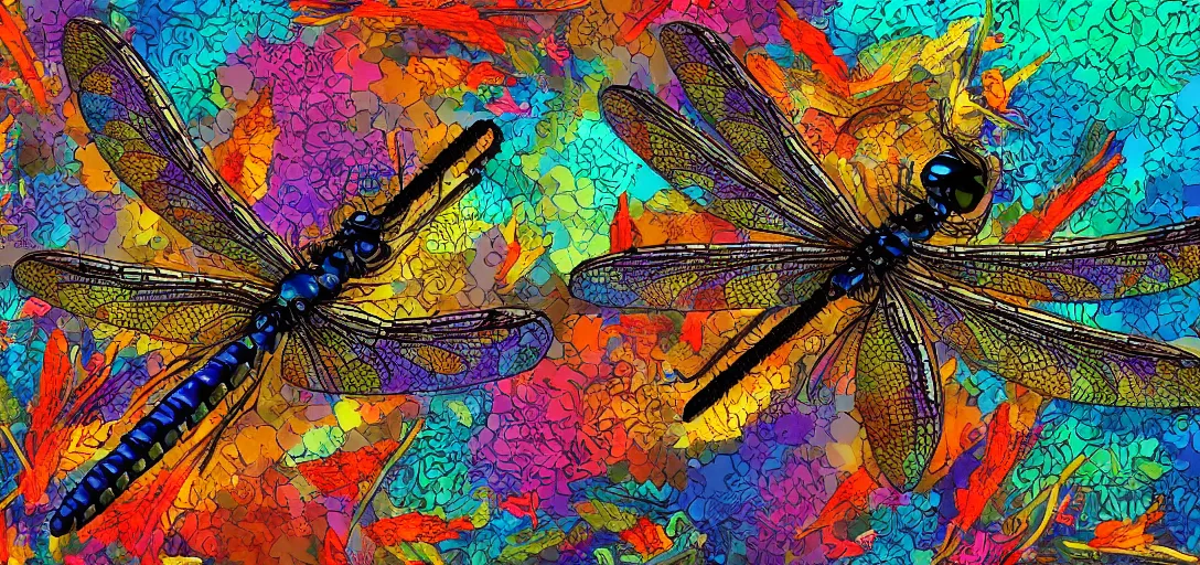 Prompt: Giant dragonflies swarming an animal carcass, dusk, vivid colors, intricate details, digital painting