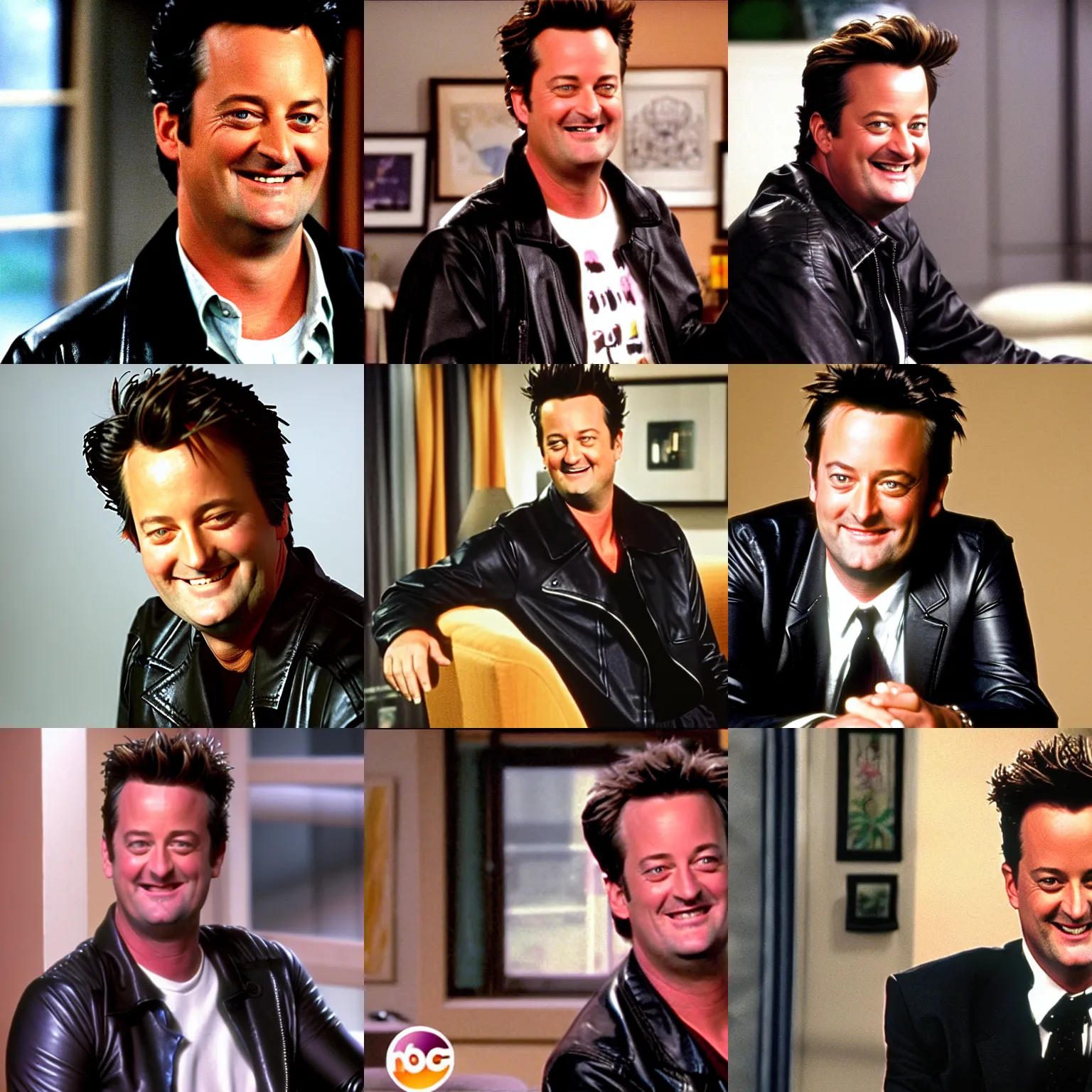 Prompt: matthew perry in his apartment smiling grinning wearing only a black leather jacket, looking at the camera, friends 9 0 s tv show screenshot