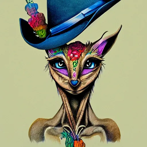 Image similar to a dik dik monster with tattoos wearing a fedora, colorful, digital art, fantasy, magic, trending on artstation, ultra detailed, professional illustration by basil gogos