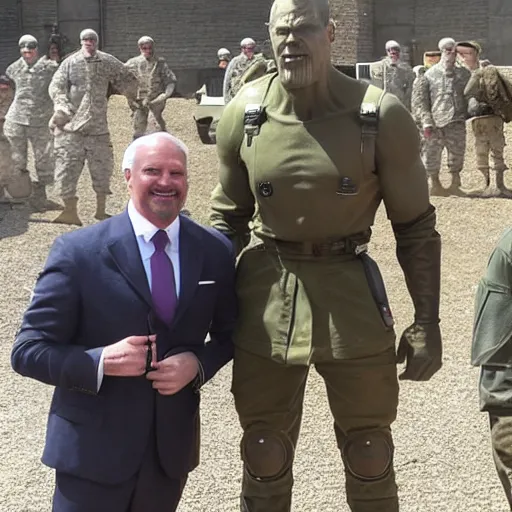 Prompt: thanos with american soldiers during ww2