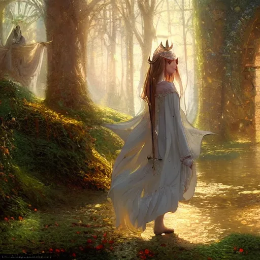 Prompt: an oil painting of a gorgeous medieval european elf princess, fairy tale, dreamy light, by wlop, greg rutkowski, thomas kinkade, super detailed, 3 d, hdr on, 4 k wallpaper