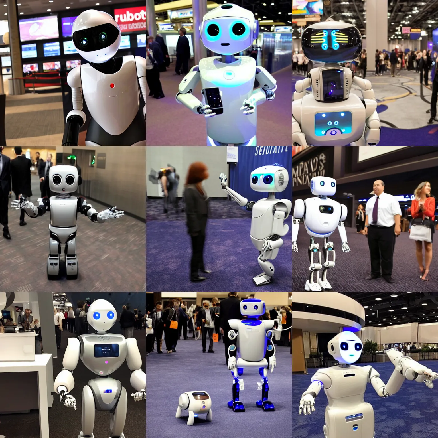 Prompt: <robot attention-grabbing traits='cute adorable friendly very-smart' location='las vegas convention center'>sentient robot is turned on for the first time</robot>