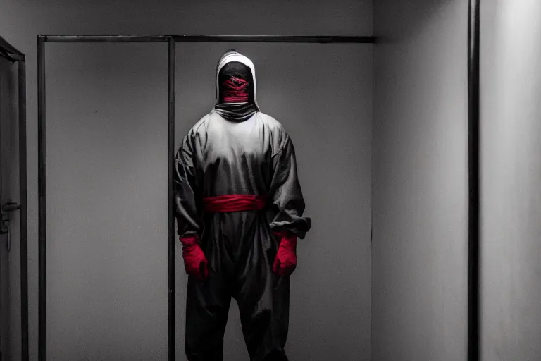 Image similar to a cinematic portrait of a prisoner dressed in a a black and white hazmat suit, in a small prison cell, red color theme, dust storm, annie leibovitz and zack snyder, 8 k, hd, high resolution, 8 5 mm, f / 1. 8