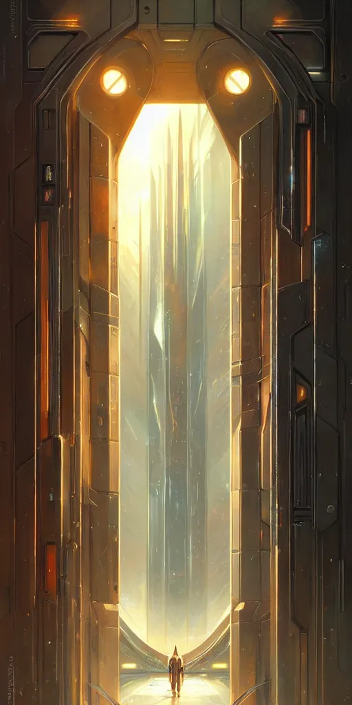 Prompt: 1 9 8 0 s hyper realistic art - deco sci - fi double door by jordan grimmer, darek zabrocki