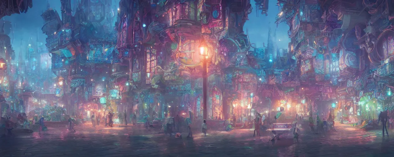 Image similar to detailed concept art illustration colorful pastel painting of a magical fantasy city in full intricate detail, ultra detailed, digital art, octane render, 4K, dystopian, micro details