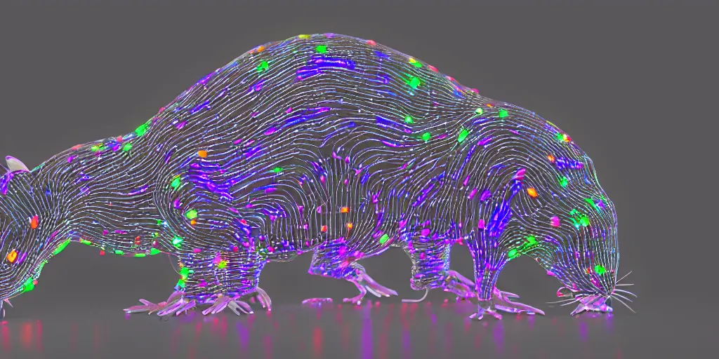 Prompt: a old photograph of a biohacked rat with leds, button potenciometers, display, circuit board, arduino, diy, biohacking, ultra detailed, hyper realism, japanese horror movie footage, 8 k, chromatic aberration, dof