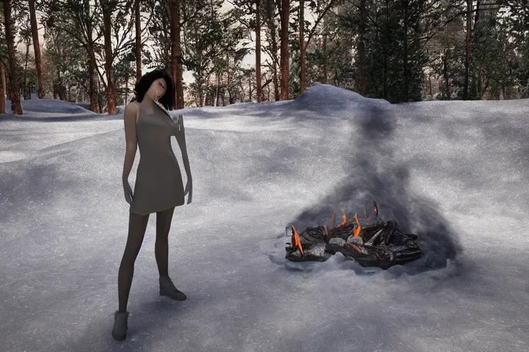 Image similar to a beautiful woman made out of crystal ice sitting by a campfire and slowly melting, by iris van herpen, unreal engine 5, volumetric lighting, path tracing, outdoor campfire pit