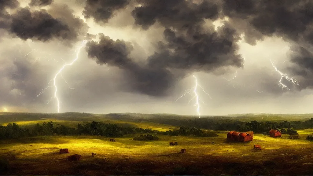 Image similar to the most beautiful panoramic landscape, oil painting, rain on a farm, menacing clouds, night, lightning, cinematic lighting, highly detailed, very realistic