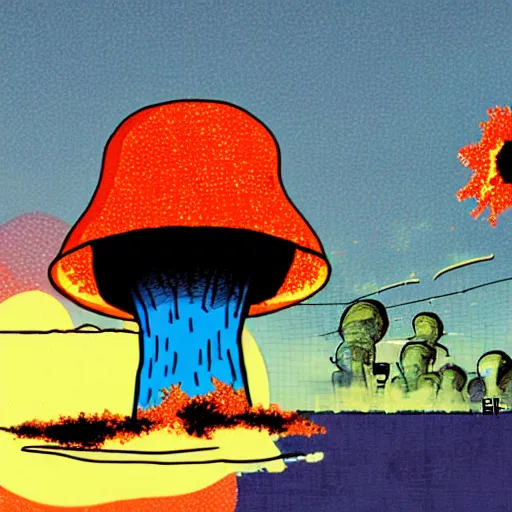 Image similar to lofi hip hop girl thumbnail with nuclear mushroom cloud in the background