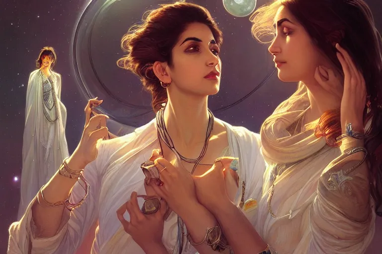 Image similar to Sensual good looking pale young Indian doctors wearing jeans in a space elevator above Earth, portrait, elegant, intricate, digital painting, artstation, concept art, smooth, sharp focus, illustration, art by artgerm and greg rutkowski and alphonse mucha