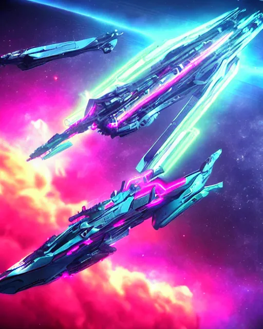 Image similar to Detailed epic render of scifi space battleship with vivid neon colors and atmosphere