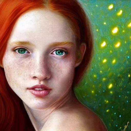 Image similar to a highly detailed, hyper realistic, red haired young woman, among golden fireflies, with long hair, green eyes, hint of freckles, round gentle face, tilted head, cheeky smile, deep focus, elegant, digital painting, smooth, sharp focus, golden ratio, illustration, ultra realistic, 8 k, art by artgerm and caravaggio