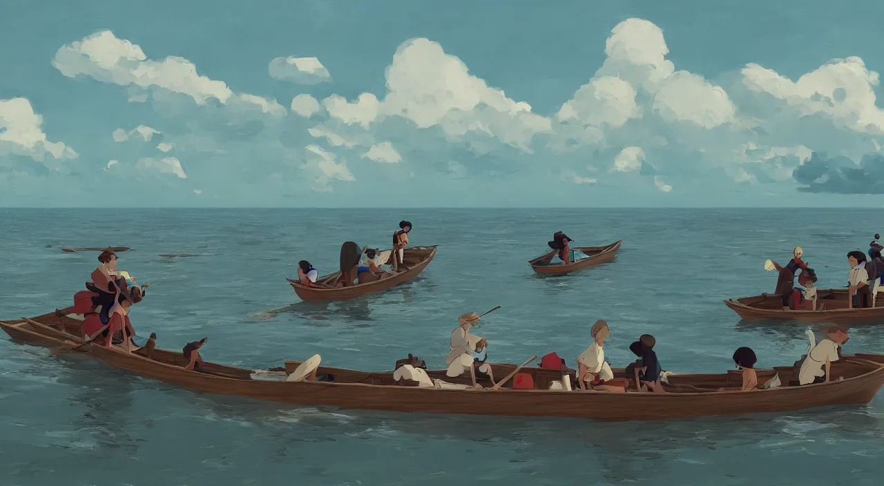 Prompt: havanese dogs and men on row boats, coming ashore in micronesia, 1 9 0 0, tartakovsky, atey ghailan, goro fujita, studio ghibli, rim light, dark lighting, clear focus, very coherent