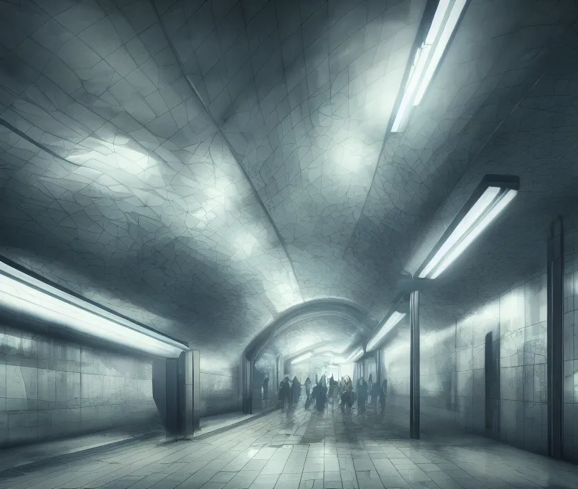 Image similar to Futuristic subway station , gloomy and foggy atmosphere, octane render, artstation trending, horror scene, highly detailded